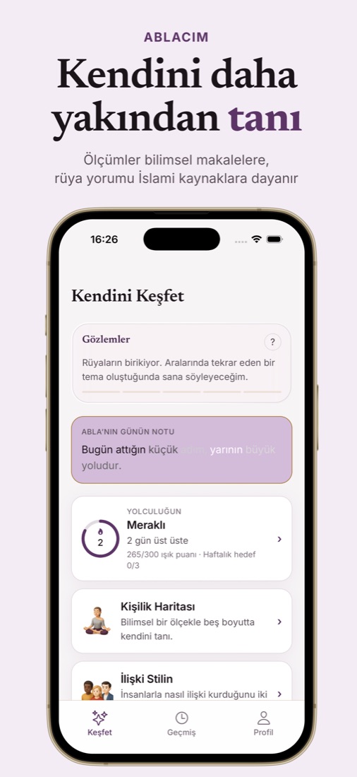 Kendini Keşfet ekranı: gözlemler, günün notu ve modül kartları