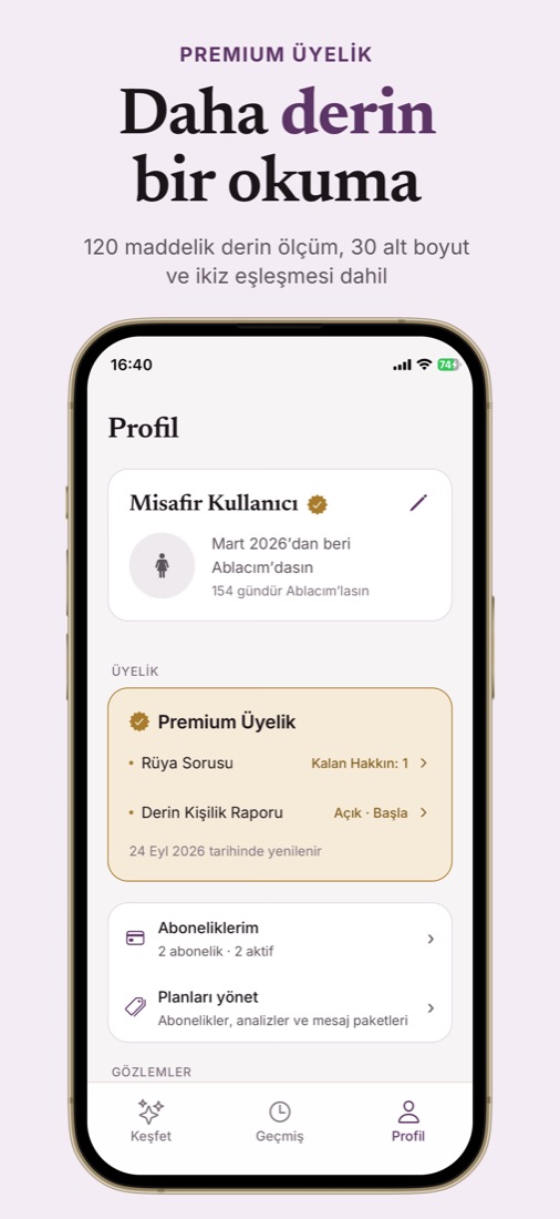 Profil ekranı: premium üyelik kartı ve kalan haklar