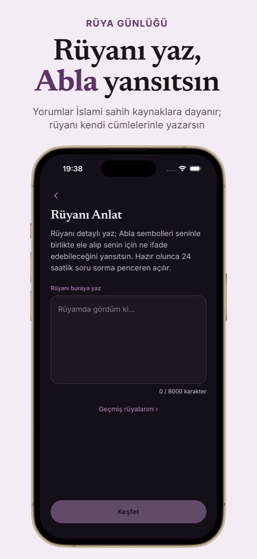 Rüyanı Anlat ekranı: rüyanın kendi cümlelerinle yazıldığı alan