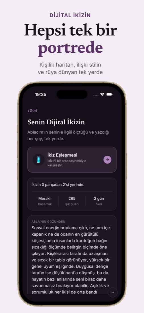 Dijital ikiz ekranı: üç parçanın durumu ve Abla’nın gözünden portre