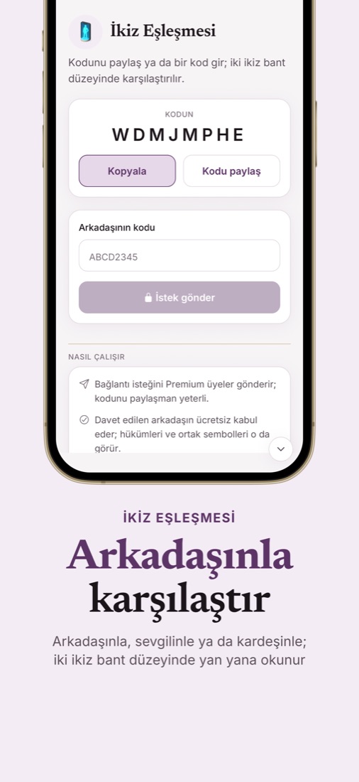 İkiz Eşleşmesi ekranı: paylaşılan kod ve arkadaş kodu girişi