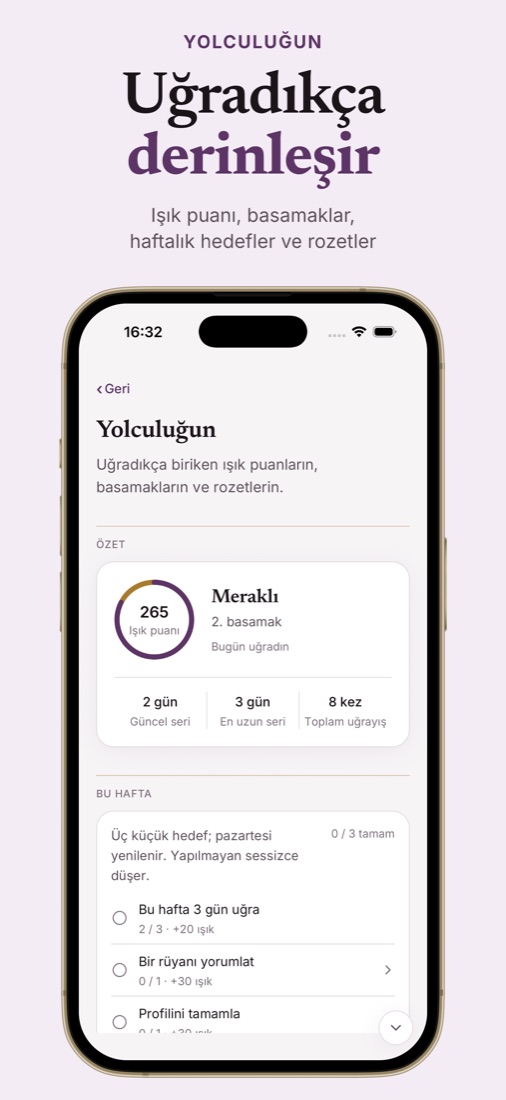Yolculuğun ekranı: ışık puanı halkası, basamak ve haftalık hedefler